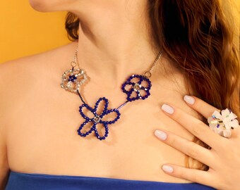 Blue and Silver Flower Beaded Chain Necklace: Indigo Floral Statement Boho Jewelry