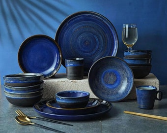 Handmade Ceramic Indigo Plate Set of 5 | Blue Dinnerware Set | Unique Tableware