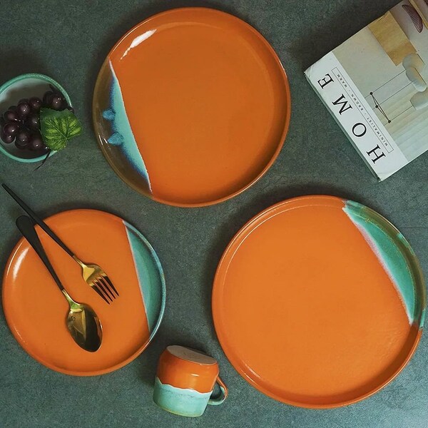 Set of 8 Dinner Plates, Handmade Orange Dinnerware Set, High Quality Ceramic plates for Kitchen Use, Elegant Dining table Setting