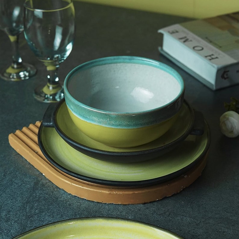 Handmade Mustard Yellow Dinnerware Set of 8 Perfect Gift for Your