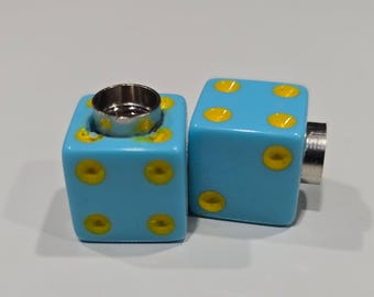 Dice Valve Stem Cap - Pair - Light Blue w/ Yellow Spots