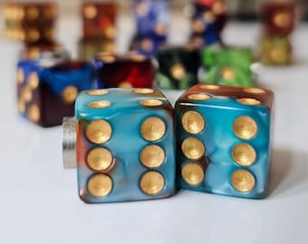 Marbled Dice Valve Stem Cap - Pair - Orange & Blue w/ Gold Spots