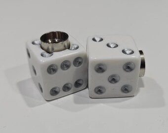 Dice Valve Stem Cap - Pair - White w/ Silver Spots