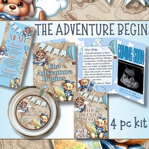 Aventure ours baby shower imprimable | Décoration de fête à thème garçon | Modèles de toile modifiables | Carte géante, sachet de friandises, menu, assiettes