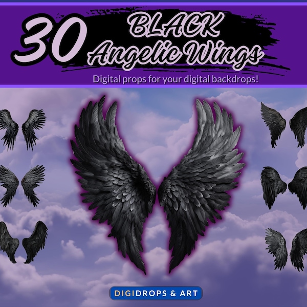 30 Black Angel Wings, digital backdrop prop, high quality images, maternity photography, angelic, heavenly, wing shapes, overlays, gorgeous