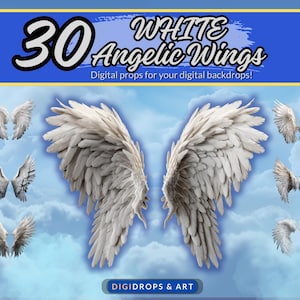 30 ailes d&#39;ange blanches, accessoire de toile de fond numérique, images de haute qualité, maternité, photographie, angélique, céleste, formes d&#39;ailes, superpositions, magnifique
