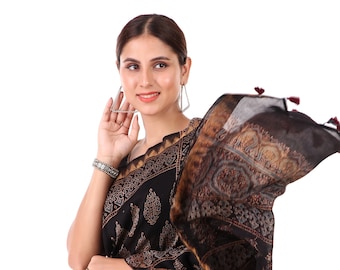 Soie ajrakh Chanderi multicolore fabriquée à la main avec sari à bordure naxi pour femmes et vêtements traditionnels