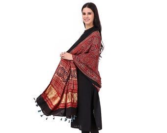 Dupatta indien en soie et modal ajrakh multicolore fait main avec bordure zari pour femme et tenue traditionnelle