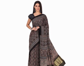 Indian Hand made multicolour ajrakh modal silk saree for women and traditional wear