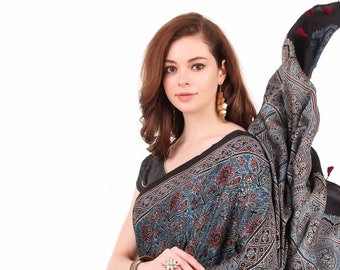 Saree indien en soie modal ajrakh multicolore fabriqué à la main pour femmes et vêtements traditionnels