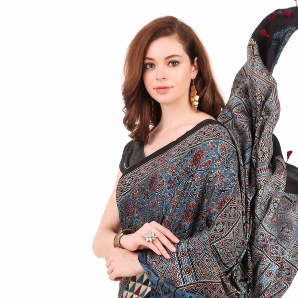 Indian Hand made multicolour ajrakh modal silk saree for women and traditional wear