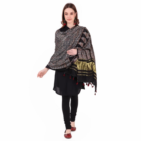 Indian Hand made multicolour ajrakh modal silk dupatta with zari border for women and traditional wear