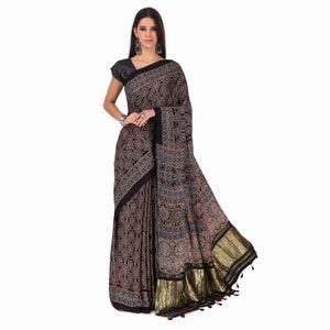 Saree indien en soie modal ajrakh multicolore fabriqué à la main pour femmes et vêtements traditionnels image 1