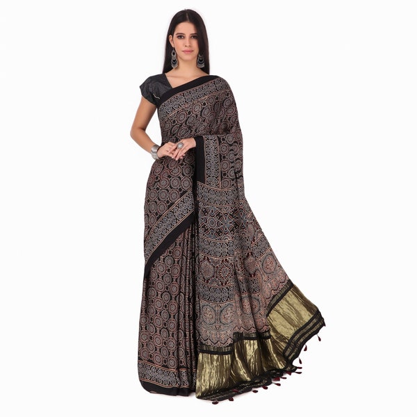 Indian Hand made multicolour ajrakh modal silk saree for women and traditional wear