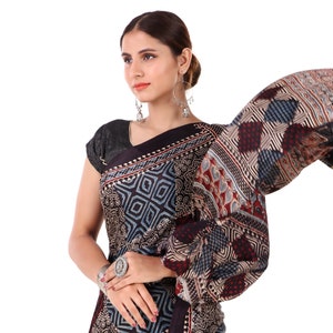 Indian Hand made multicolour ajrakh modal silk saree for women and traditional wear