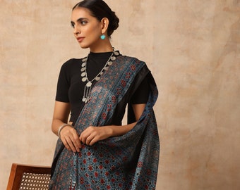 Indian Hand made Indigo Blue Ajrakh modal silk saree for women and traditional wear