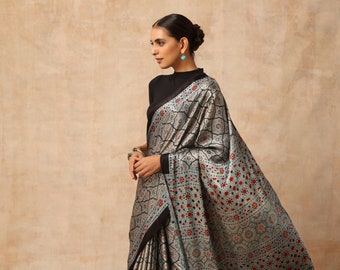 Sari indien en soie modale ajrakh multicolore fait main pour femme et tenue traditionnelle