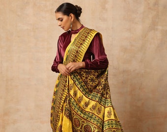 Indian Hand made multicolour ajrakh modal silk saree for women and traditional wear