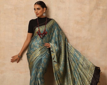 Saree indien en soie modal ajrakh multicolore fabriqué à la main pour femmes et vêtements traditionnels