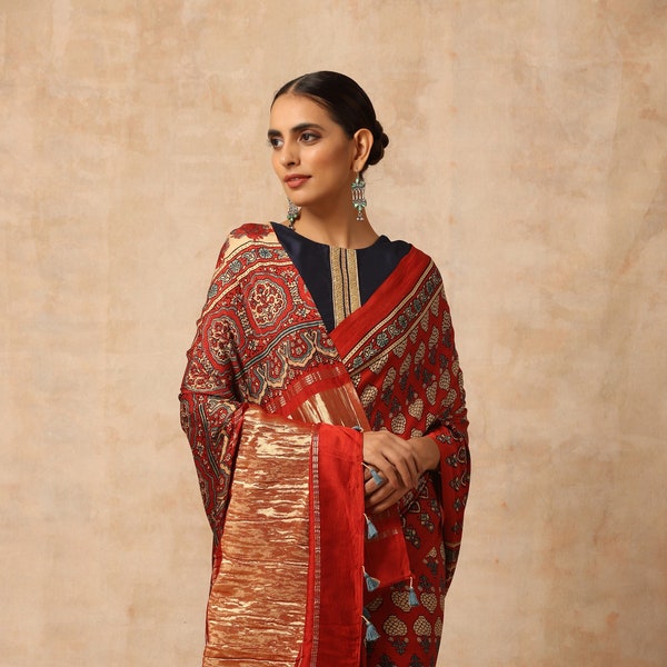 Indian Hand made multicolour ajrakh modal silk saree for women and traditional wear