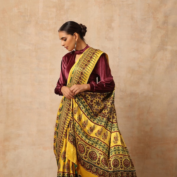 Indian Hand made multicolour ajrakh modal silk saree for women and traditional wear