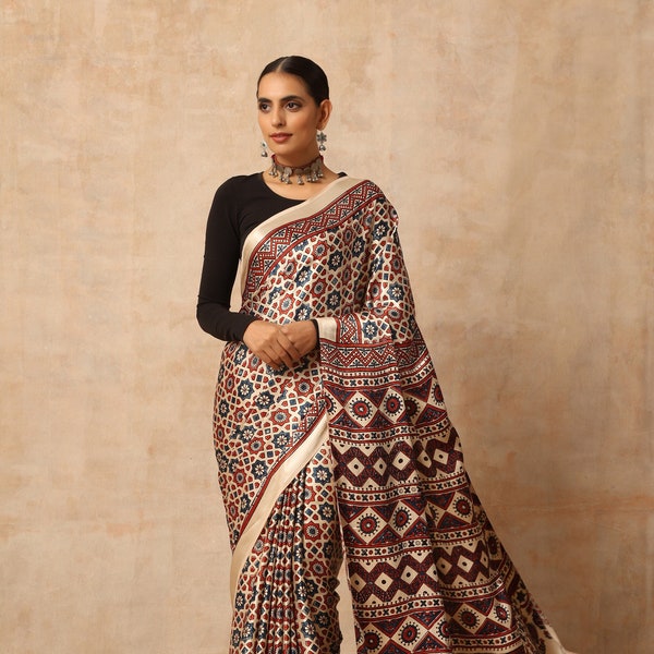 Indian Hand made multicolour ajrakh modal silk saree for women and traditional wear