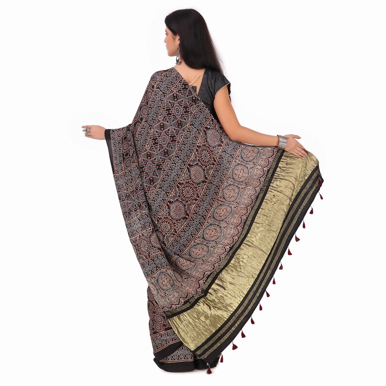 Saree indien en soie modal ajrakh multicolore fabriqué à la main pour femmes et vêtements traditionnels image 3