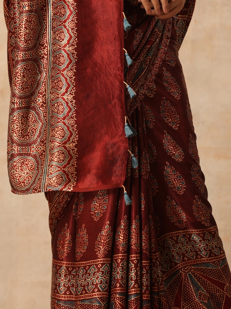 Indian Hand made multicolour ajrakh modal silk saree for women and traditional wear image 5