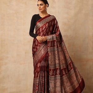 Indian Hand made multicolour ajrakh modal silk saree for women and traditional wear image 6