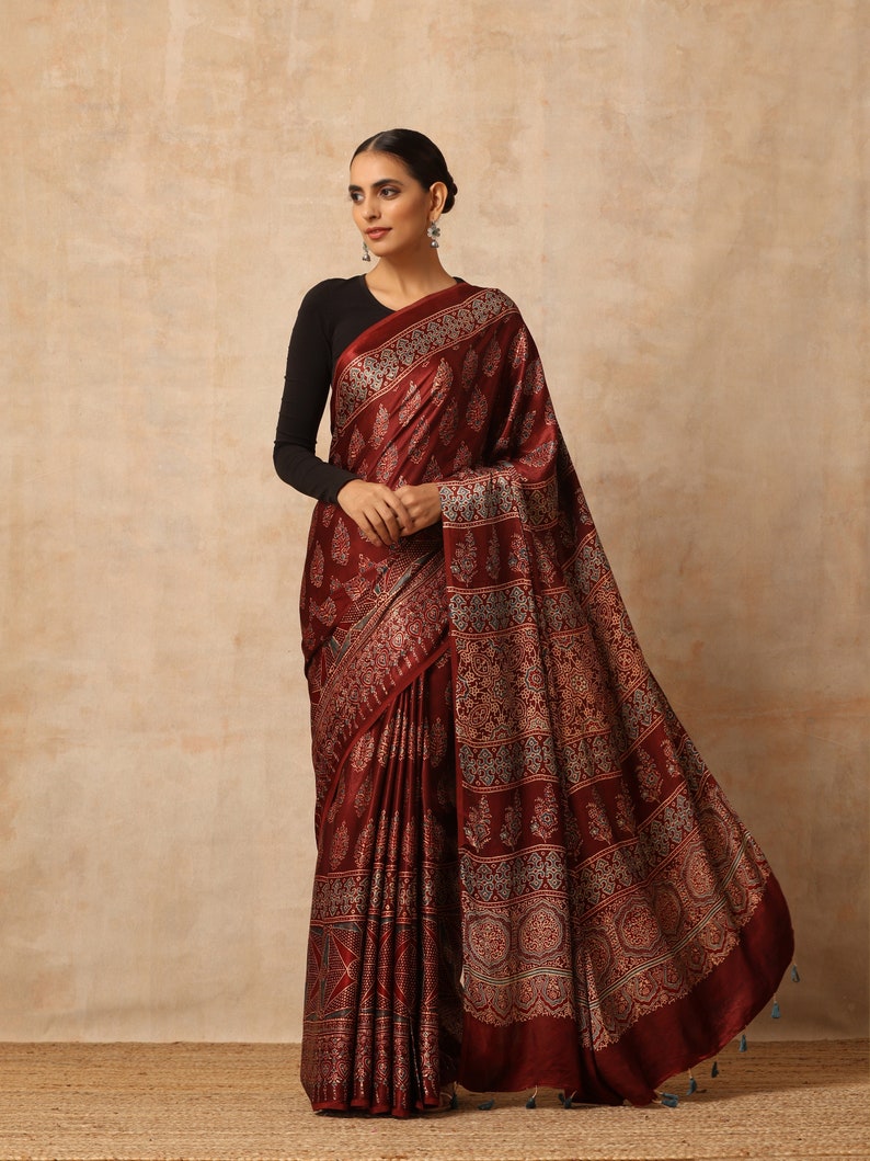 Indian Hand made multicolour ajrakh modal silk saree for women and traditional wear image 6