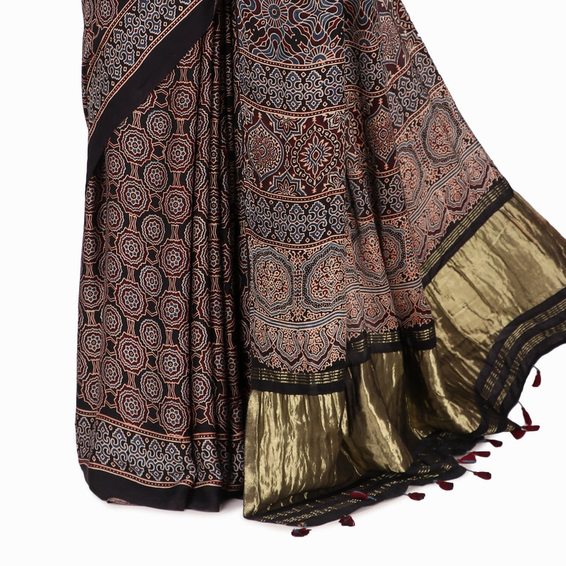 Saree indien en soie modal ajrakh multicolore fabriqué à la main pour femmes et vêtements traditionnels image 4