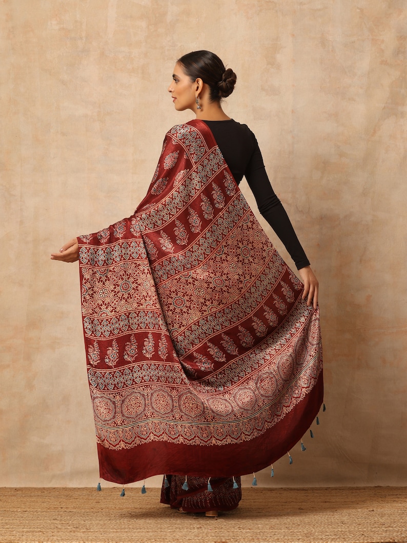 Indian Hand made multicolour ajrakh modal silk saree for women and traditional wear image 4