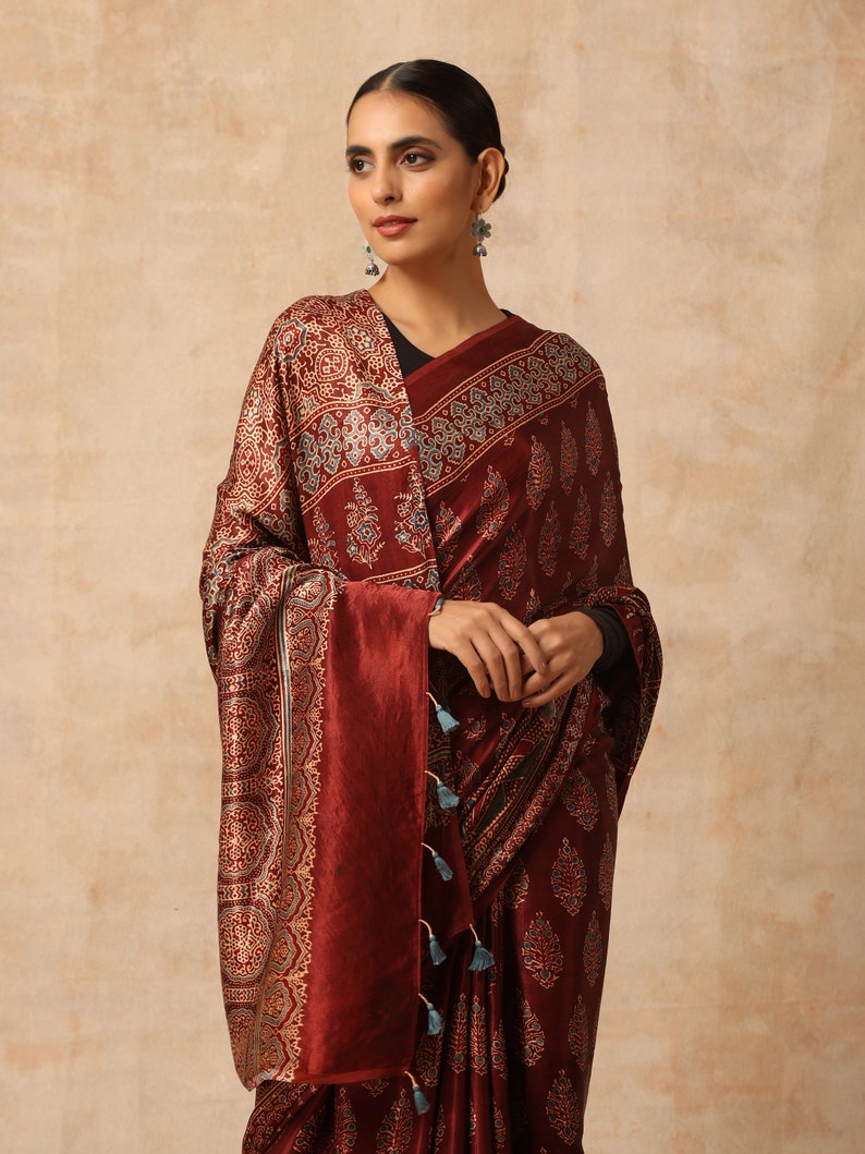 Sari indien en soie modale ajrakh multicolore fait main pour femme et tenue traditionnelle image 2