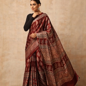 Indian Hand made multicolour ajrakh modal silk saree for women and traditional wear image 3