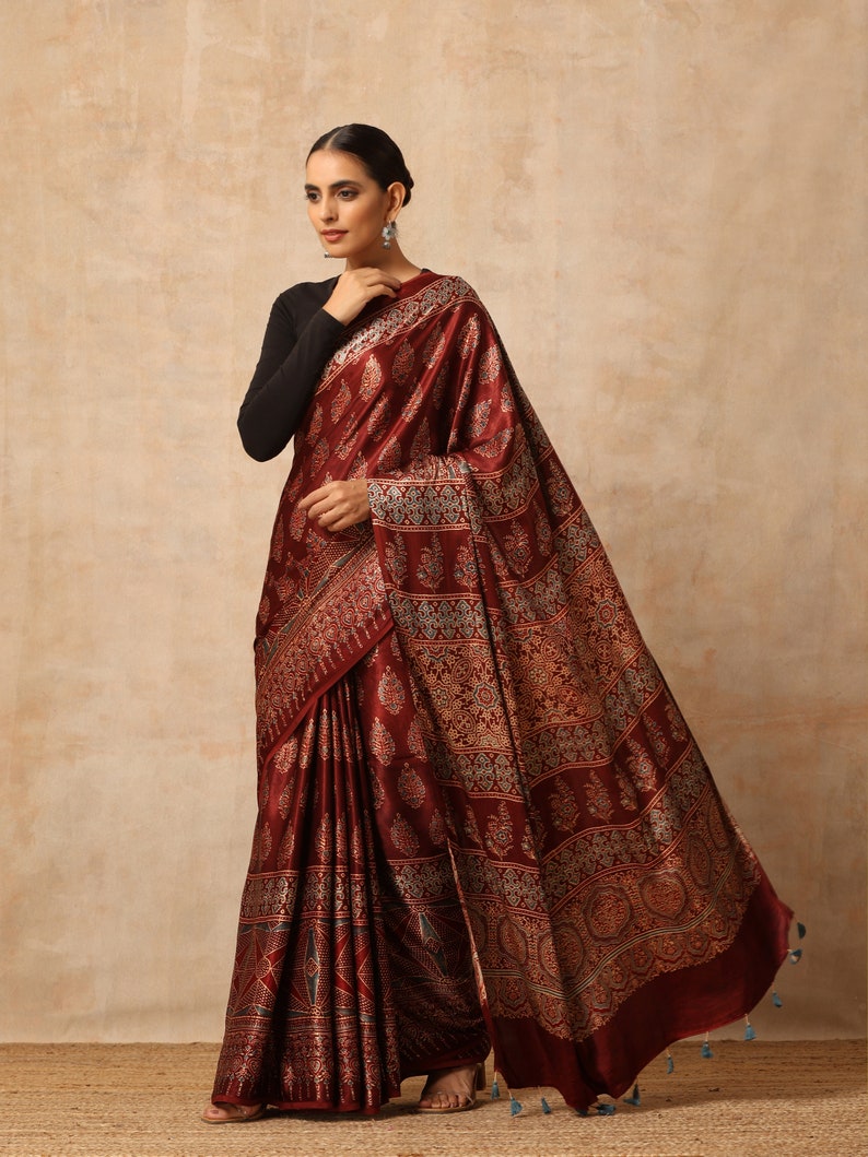 Indian Hand made multicolour ajrakh modal silk saree for women and traditional wear image 3
