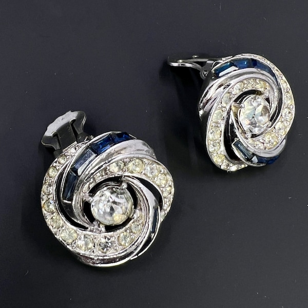 Vintage Marcel Boucher Silver Toned Crystal Clip-On Earrings #6050, Blue & White  1950s Vintage Jewelry