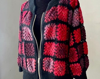 Crochet Granny Squares Jacket  Red&black Jacket Fashion bomber Unique gift for her