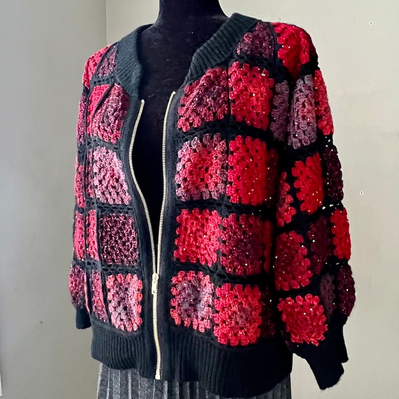 Crochet Granny Squares Jacket Red&black Jacket Fashion Bomber Unique ...