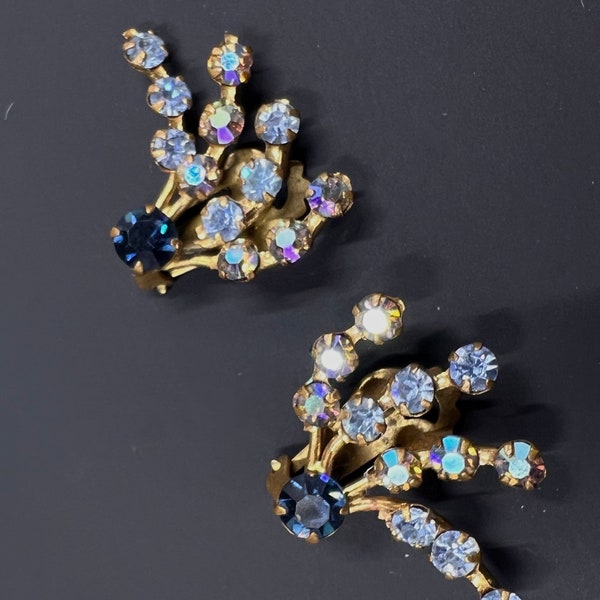Vintage Made Austria Gold Toned Crystal Clip-On Earrings,Aurora Borealis Blue & White  1950s Vintage Jewelry