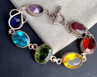 Silver Rainbow Glass Gemstone Bracelet – Vintage 80s Toggle Clasp