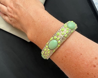 Gold Tone Clip Bracelet with Green Plastic Inserts Mid Century Jewelry