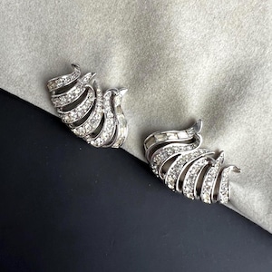 D’Orlan Clip-On Earrings Vintage Signed D’Orlan Silver tone and clear rhinestones  Mid centuty statement accessory 1970s Costume jewelry