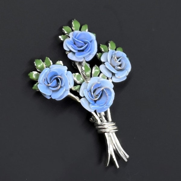 Broche vintage Coro, Broche bouquet de roses bleues, broche en émail