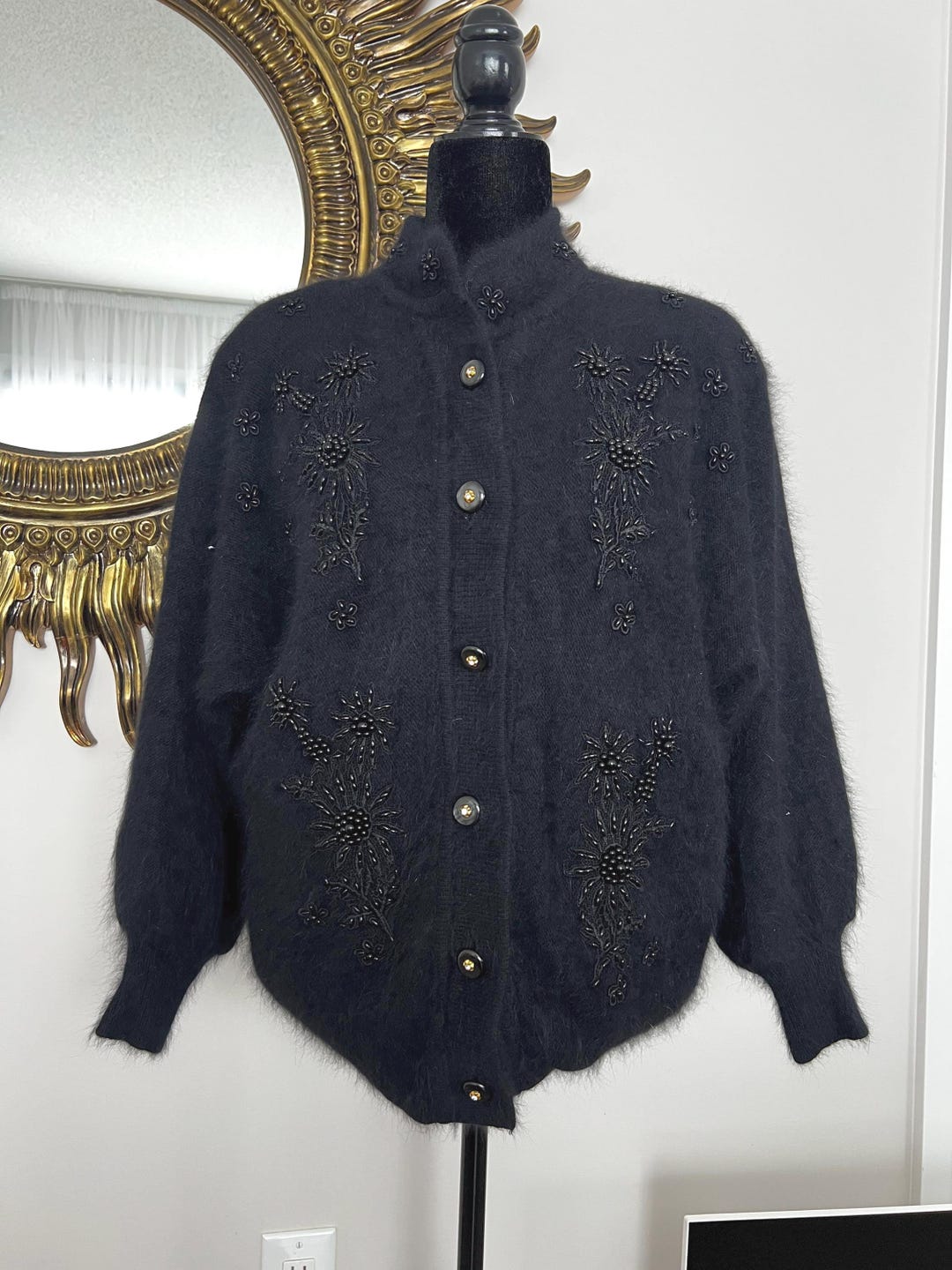 Belldini Black Angora Blend Floral beaded cardigan retro vintage Women ...