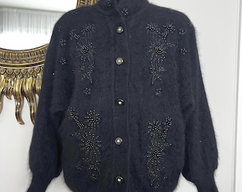 Belldini Schwarze Angora-Mischung Floral Perlen Strickjacke  Retro Vintage Damen Angora-Strickjacke Vintage-Strickjacke