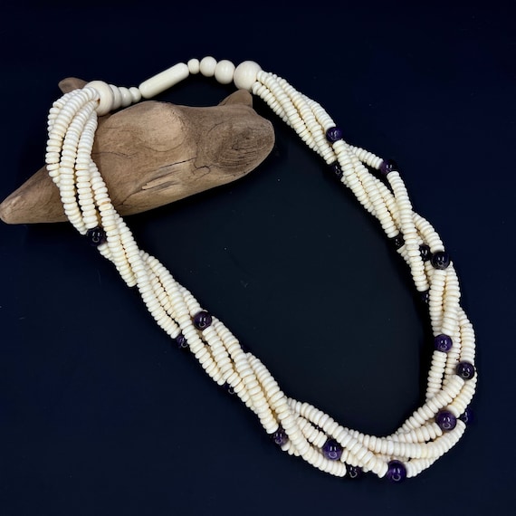 Bone and amethyst vintage necklace, Vintage 50s mu