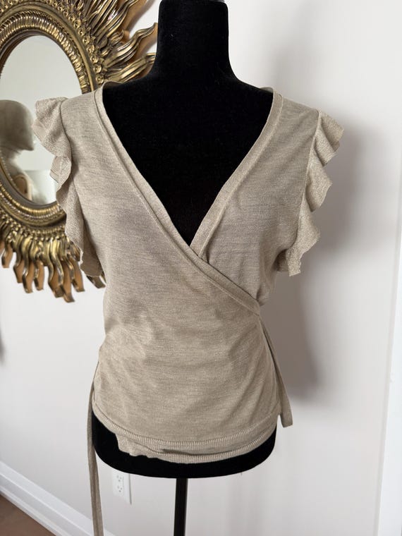 Banana Republic, Wrap Top with Ruff Sleeve - Taupe, Banana Republic vintage silk cotton jumper