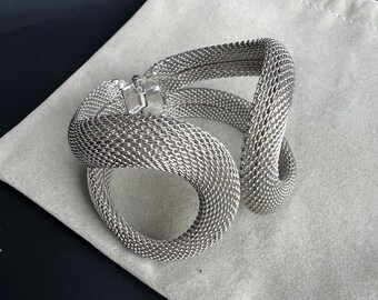 Cool MCM Statement Silver Mesh Clamper Bracelet Mid Century Jewelry