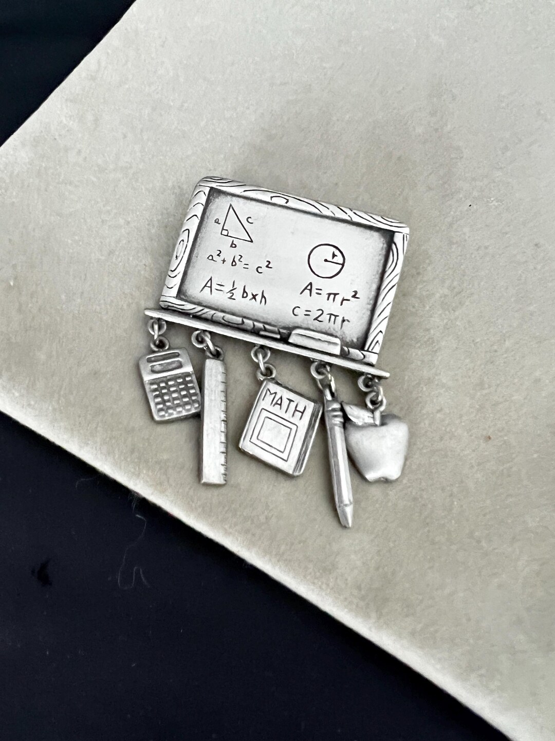 JJ Jonette Signed Brooch Math Teacher Gift Pewter Dangling Charms ...