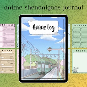 May include: A digital planner with a cover image of a train traveling through a green valley with a blue sky and white clouds. The planner has pages for anime logs, notes, and expenses. The text "Anime Log" is written on a torn piece of paper on the cover.